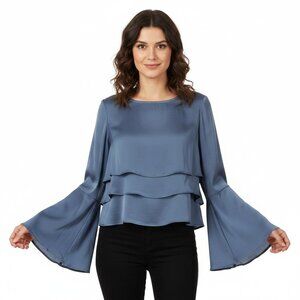 GB Blue Layered Tier Crop Top Shirt Women Size M Long Bell Sleeve Keyhole